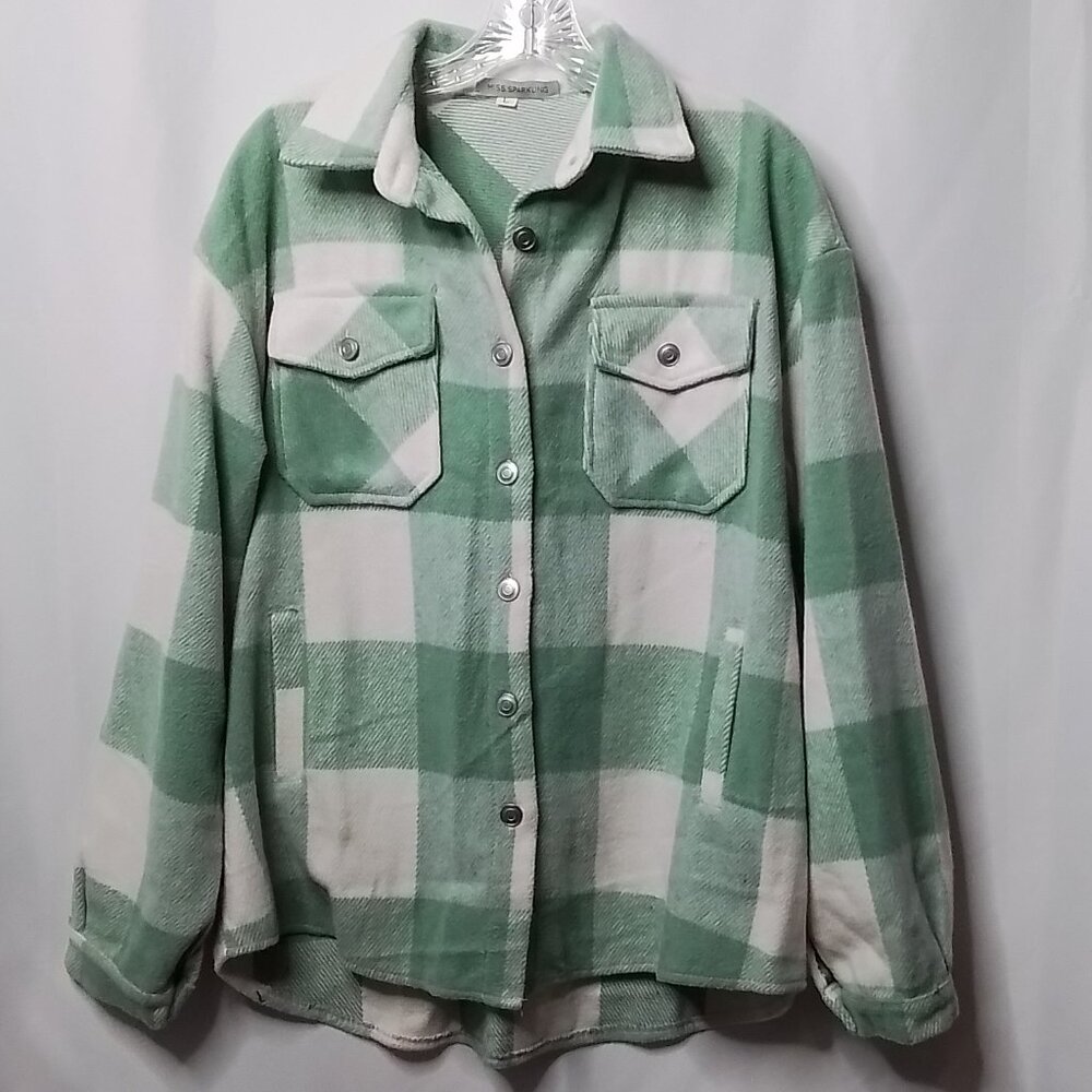 MISS SPARKLING MINT & WHITE PLAID HEAVIER FLANNEL JACKET SIZE L